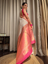 Bride Special Off White Banarasi Handloom Katan Silk Saree