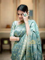Turquoise Green Banarasi Uppada Silk Saree