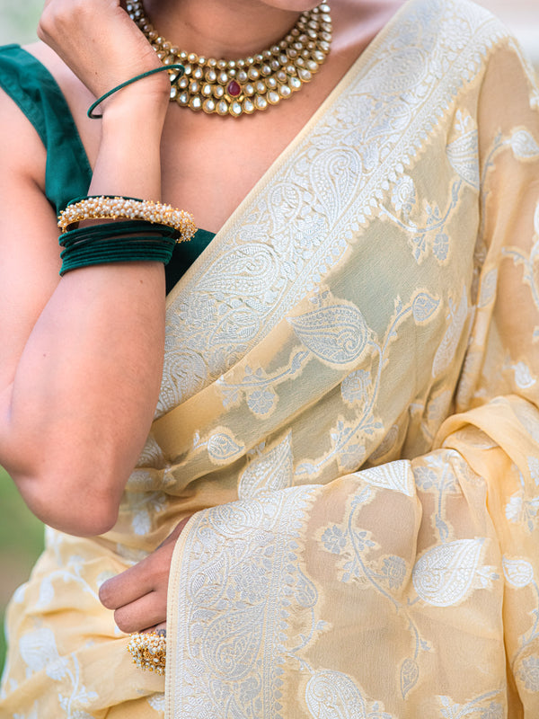 Daffodil Yellow Antique Silver Zari Khaddi Weaved Georgette Saree