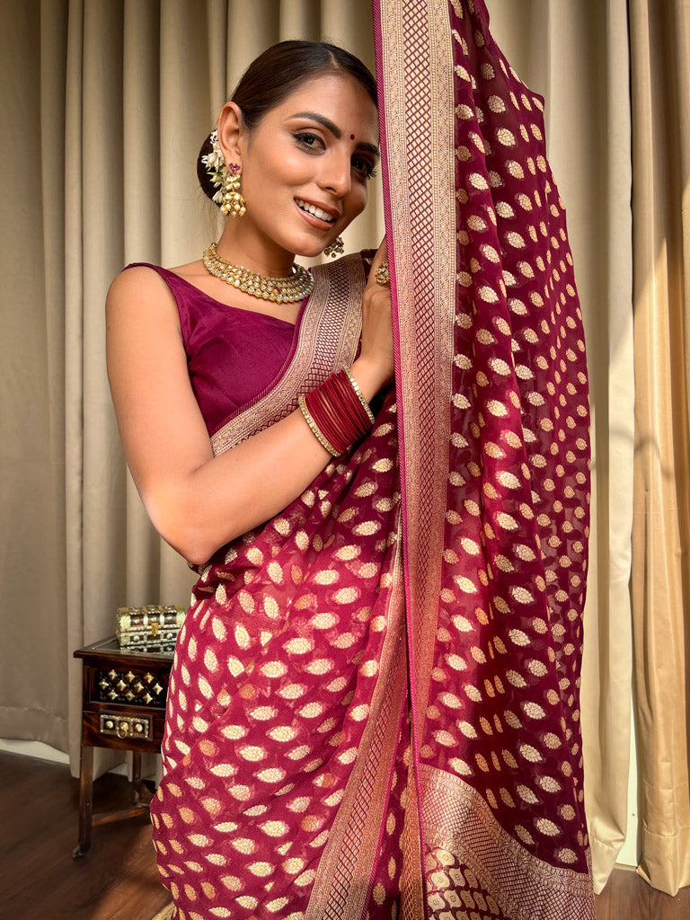 Sangria Wine Banarasi Khaddi Weaved Georgette Saree