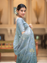 Aque Blue Gota Embroidery French Silk Saree