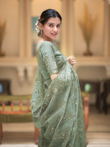 Fern Green Gota Embroidery French Silk Saree
