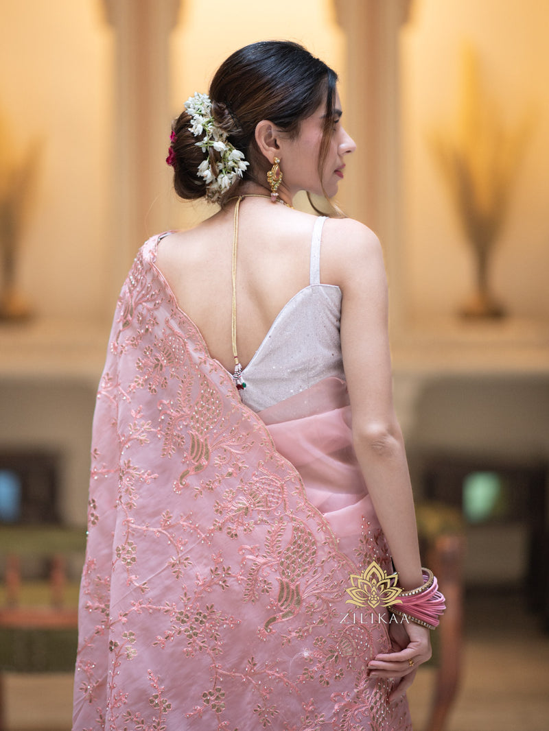Salmon pink Gota Embroidery French Silk Saree