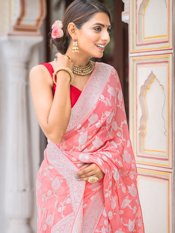 Salmon Coral Antique Silver Zari Khaddi Weaved Georgette Saree