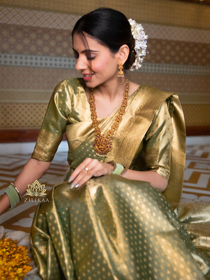 Olive Green Kanchipuram Tissue Silk Saree