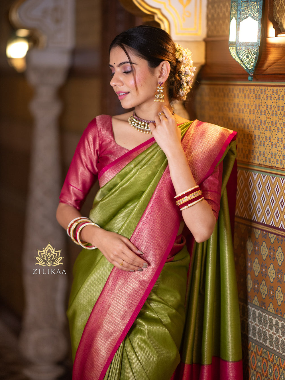 Mehendi Green with Rani Kanchipuram Silk Saree – Zilikaa