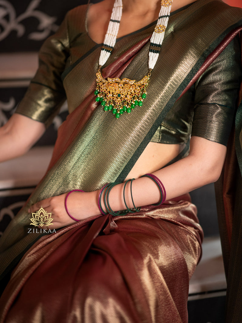 Maroon with Bottle Green Kanchipuram Silk Saree – Zilikaa