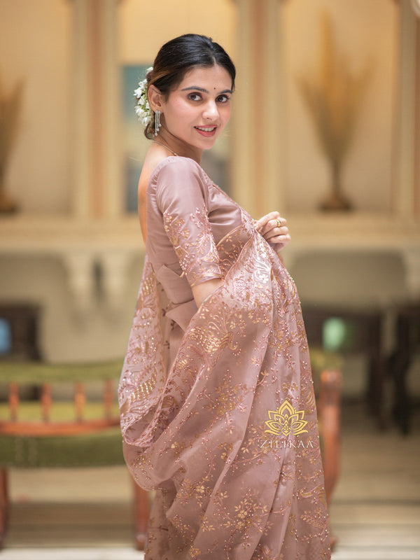 Orchid Pink Gota Embroidery French Silk Saree