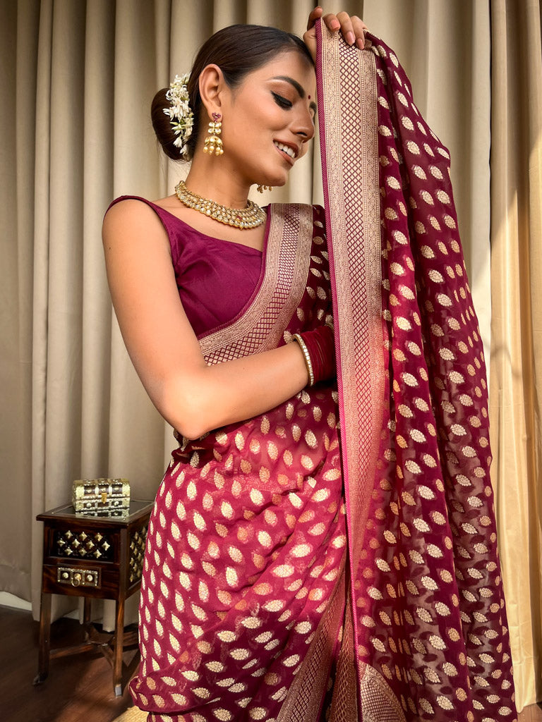 Sangria Wine Banarasi Khaddi Weaved Georgette Saree
