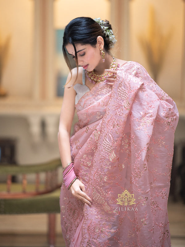 Salmon pink Gota Embroidery French Silk Saree