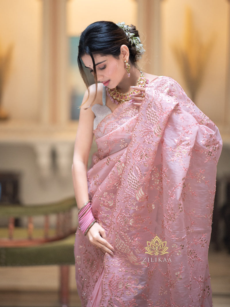 Salmon pink Gota Embroidery French Silk Saree