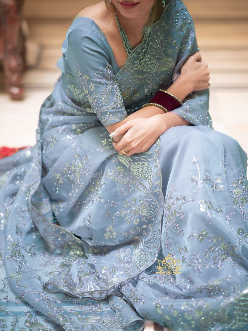 Aque Blue Gota Embroidery French Silk Saree