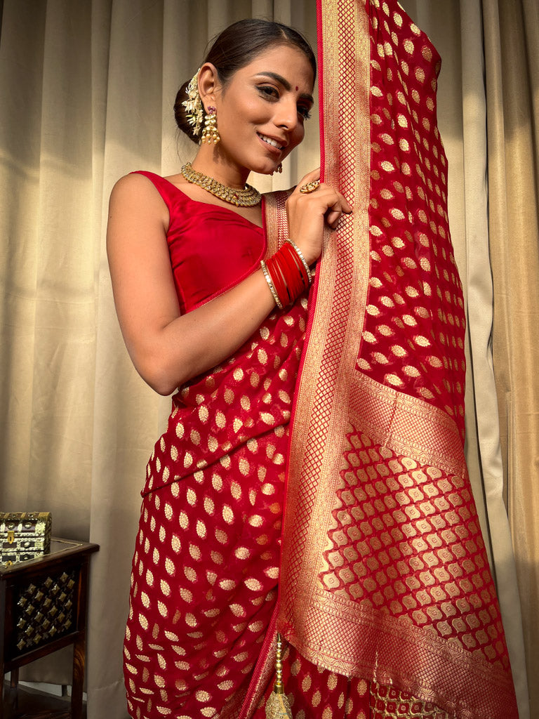 Scarlet Red Banarasi Khaddi Weaved Georgette Saree