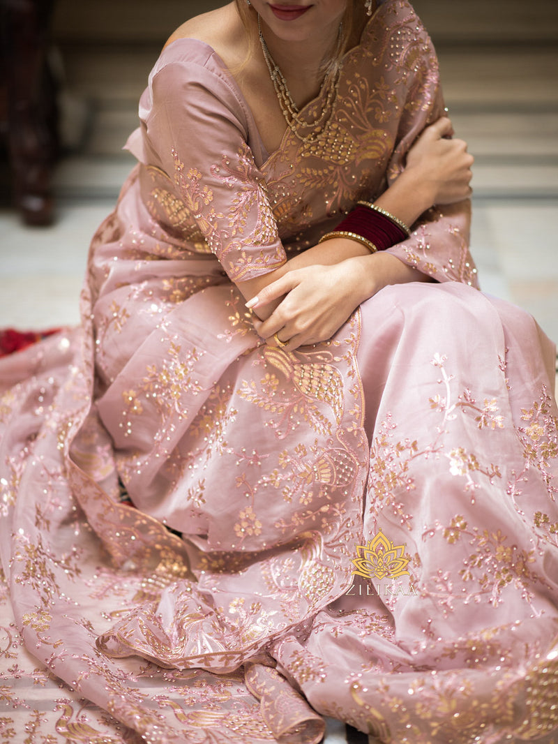 Orchid Pink Gota Embroidery French Silk Saree