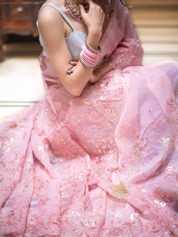 Salmon pink Gota Embroidery French Silk Saree