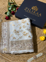 Ivory Special Zardozi Handwork Mulberry Banarasi Silk Saree
