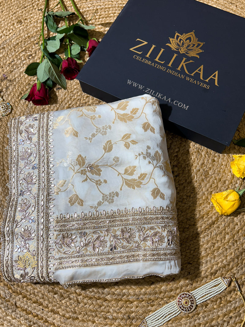 Ivory Special Zardozi Handwork Mulberry Banarasi Silk Saree