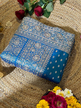 Peacock Blue Zardozi Handwork Katan silk saree