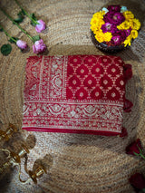 Calcutta Red Zardozi Pearl Handwork Mulberry Banarasi Silk Saree