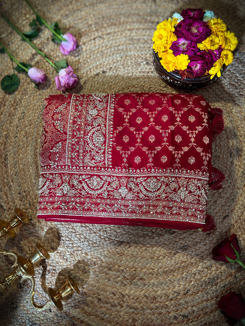 Calcutta Red Zardozi Pearl Handwork Mulberry Banarasi Silk Saree