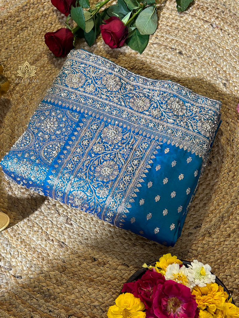 Peacock Blue Zardozi Handwork Katan silk saree