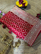 Calcutta Red Zardozi Pearl Handwork Mulberry Banarasi Silk Saree