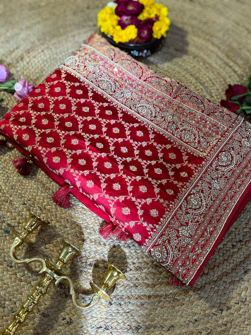 Calcutta Red Zardozi Pearl Handwork Mulberry Banarasi Silk Saree