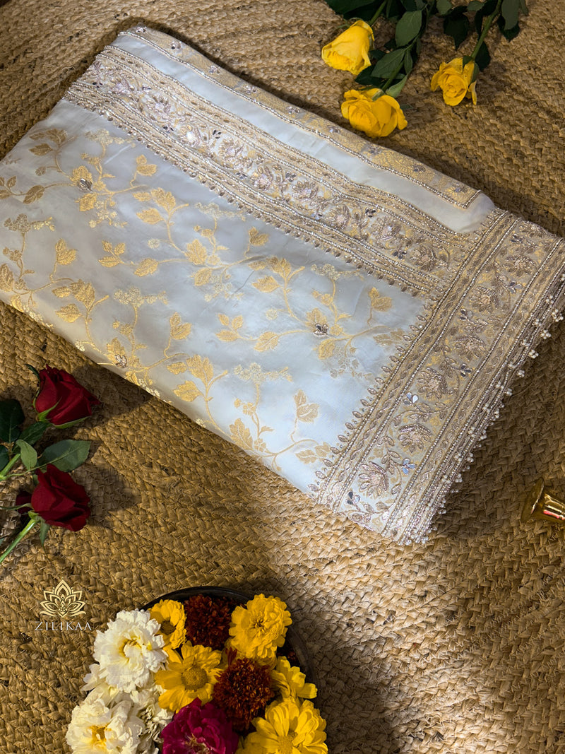 Ivory Special Zardozi Handwork Mulberry Banarasi Silk Saree