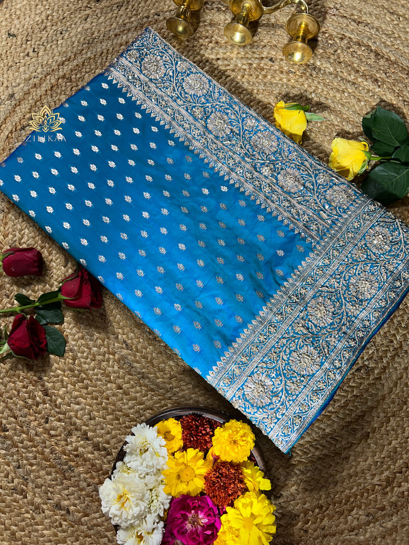 Peacock Blue Zardozi Handwork Katan silk saree