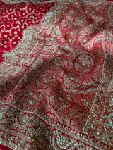 Calcutta Red Zardozi Pearl Handwork Mulberry Banarasi Silk Saree