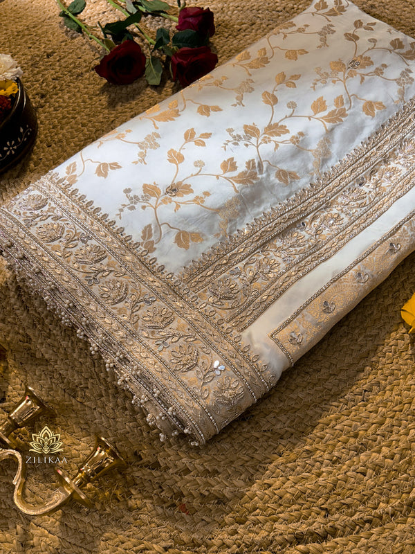 Ivory Special Zardozi Handwork Mulberry Banarasi Silk Saree