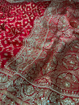 Calcutta Red Zardozi Pearl Handwork Mulberry Banarasi Silk Saree