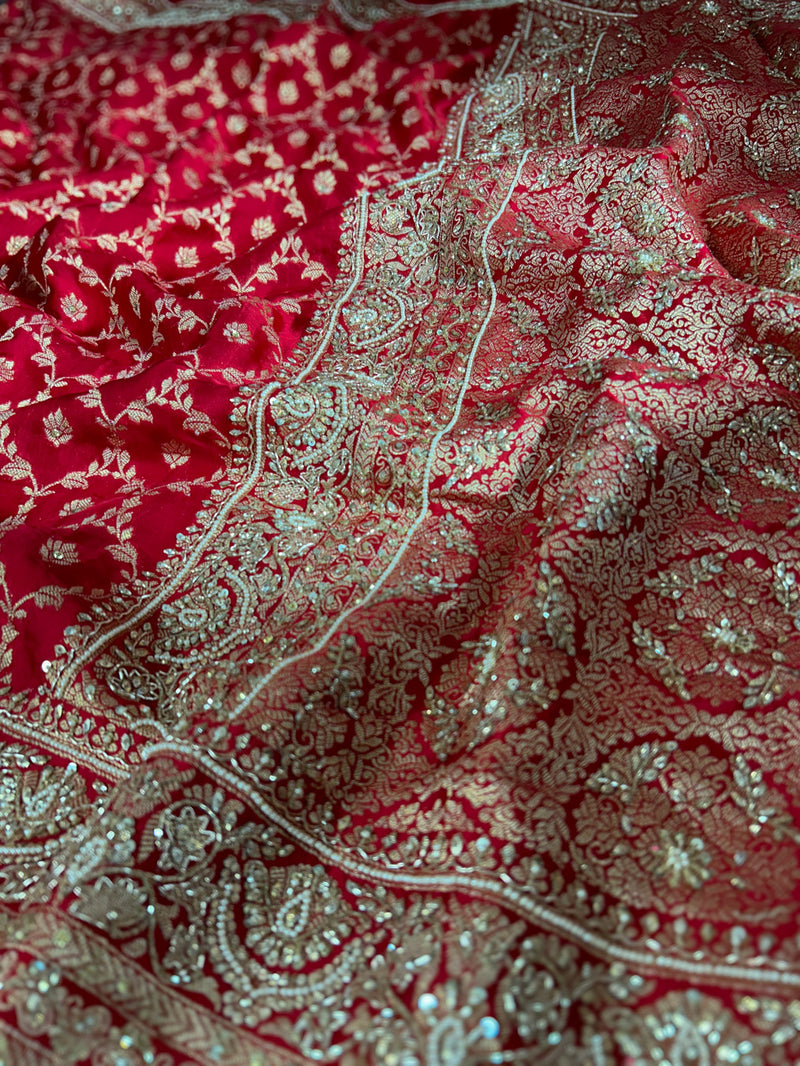 Calcutta Red Zardozi Pearl Handwork Mulberry Banarasi Silk Saree