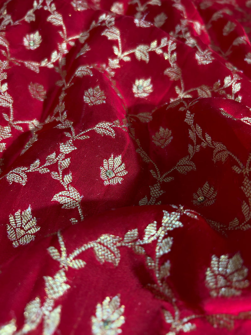 Calcutta Red Zardozi Pearl Handwork Mulberry Banarasi Silk Saree