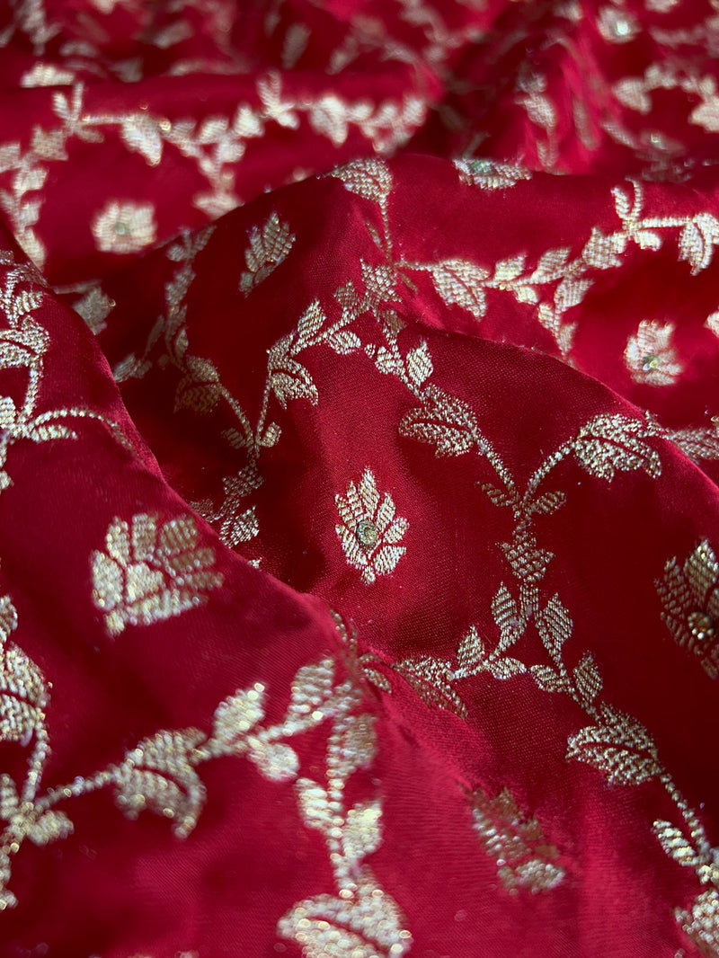 Calcutta Red Zardozi Pearl Handwork Mulberry Banarasi Silk Saree