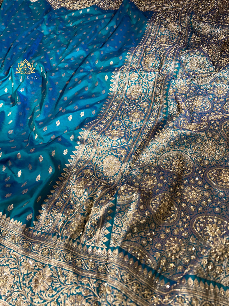 Peacock Blue Zardozi Handwork Katan silk saree