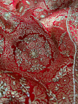 Calcutta Red Zardozi Pearl Handwork Mulberry Banarasi Silk Saree