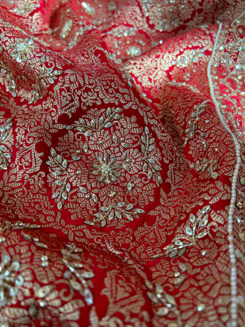 Calcutta Red Zardozi Pearl Handwork Mulberry Banarasi Silk Saree
