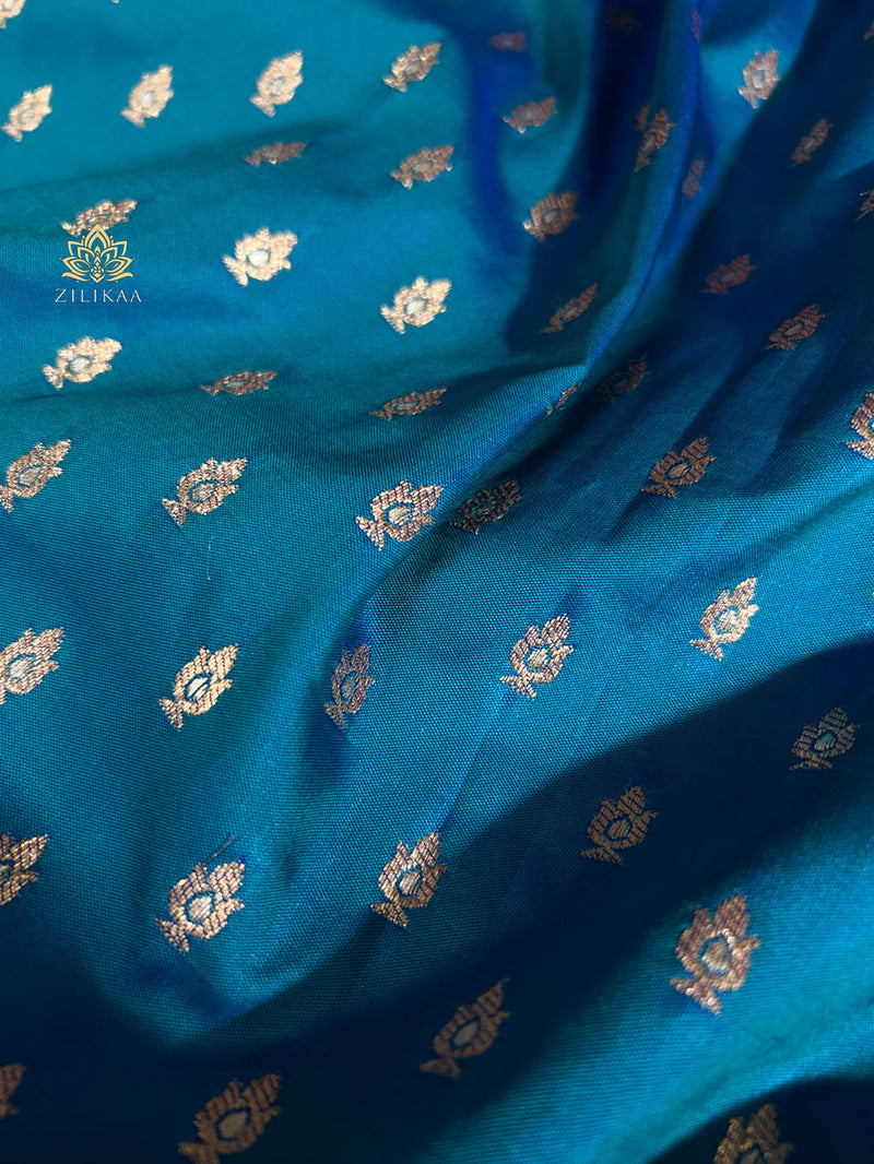 Peacock Blue Zardozi Handwork Katan silk saree