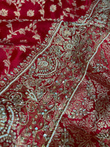 Calcutta Red Zardozi Pearl Handwork Mulberry Banarasi Silk Saree