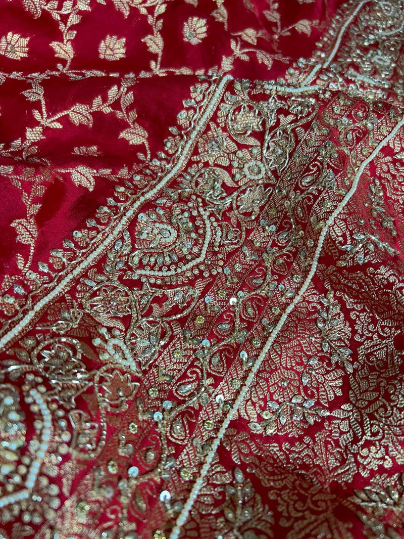 Calcutta Red Zardozi Pearl Handwork Mulberry Banarasi Silk Saree