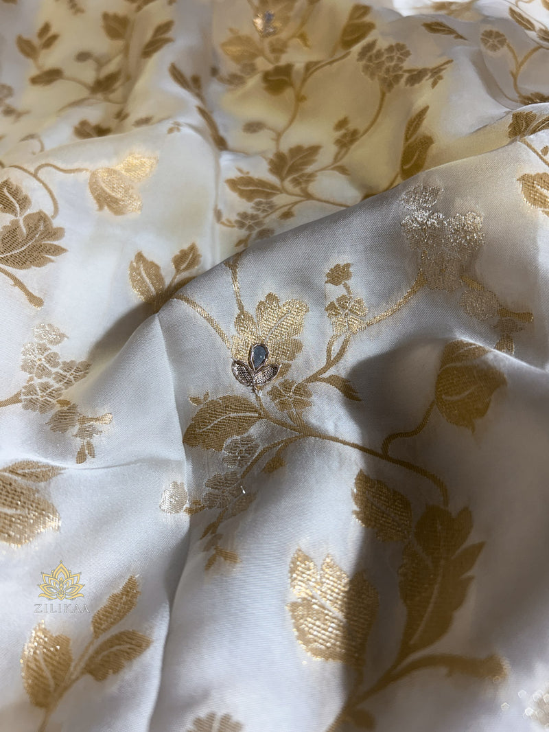 Ivory Special Zardozi Handwork Mulberry Banarasi Silk Saree