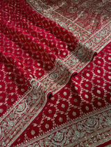 Calcutta Red Zardozi Pearl Handwork Mulberry Banarasi Silk Saree