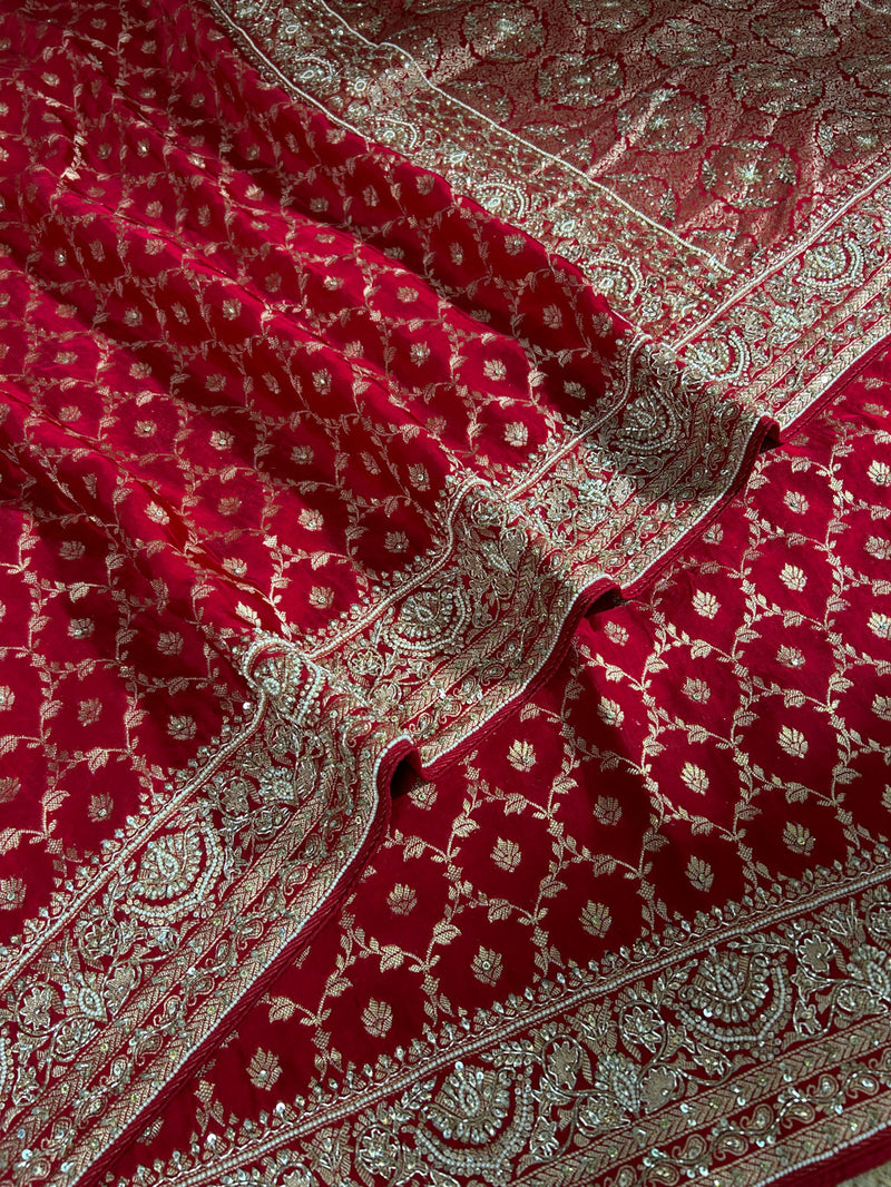 Calcutta Red Zardozi Pearl Handwork Mulberry Banarasi Silk Saree