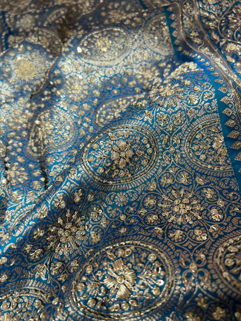 Peacock Blue Zardozi Handwork Katan silk saree
