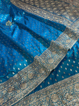 Peacock Blue Zardozi Handwork Katan silk saree
