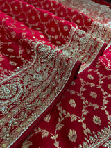Calcutta Red Zardozi Pearl Handwork Mulberry Banarasi Silk Saree