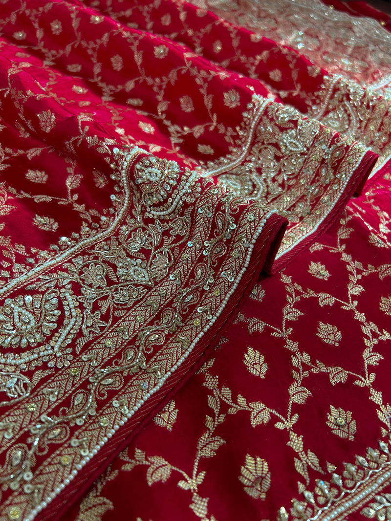 Calcutta Red Zardozi Pearl Handwork Mulberry Banarasi Silk Saree