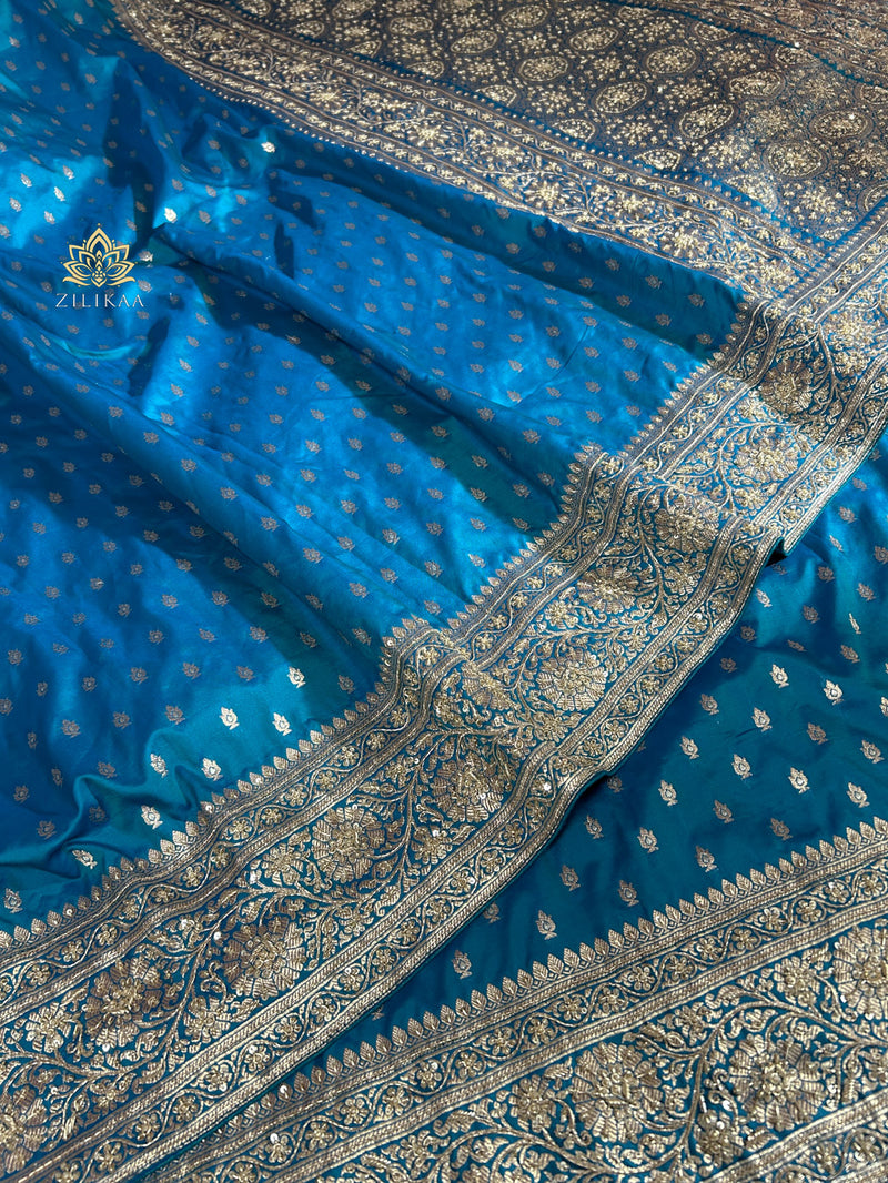Peacock Blue Zardozi Handwork Katan silk saree