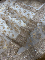 Ivory Special Zardozi Handwork Mulberry Banarasi Silk Saree
